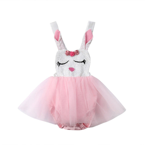 2019 Baby Girl Rabbit Lace Princess Pink Romper Dress
