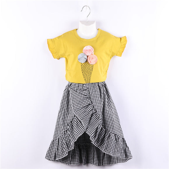 New Summer Girls Tri-color Ice Cream T-shirt + Bohemian Wind Black and White Chequered Skirt